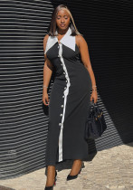Women dress Turndown Collar color matching button sleeveless Casual Dress Women dress Turndown Collar color matching button sleeveless Casual Dress