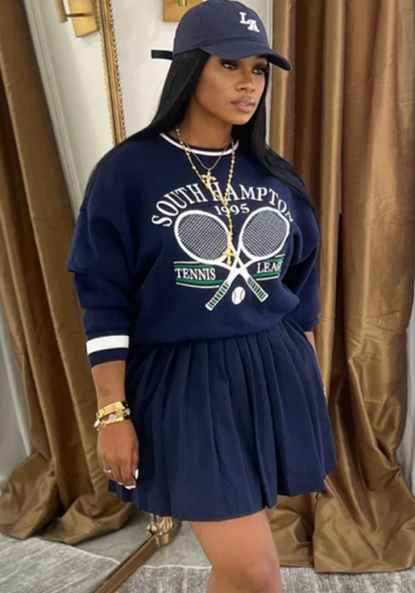 Women printed long sleeve top pleated skirt two-piece set