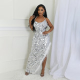 Women sexy suspender sequin irregular dress