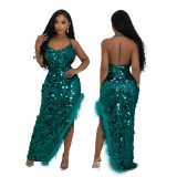 Women sexy suspender sequin irregular dress