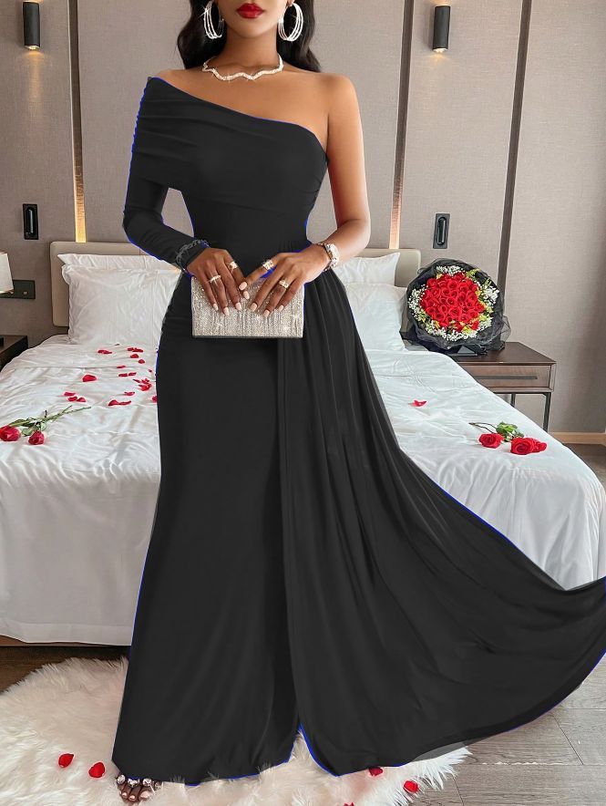 Summer Casual Sexy Women's Solid Color Slash Shoulder Slim Waist Long Dress