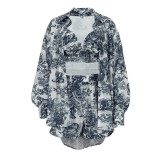 Women retro shirt suspender shorts Paint Print Three-Piece