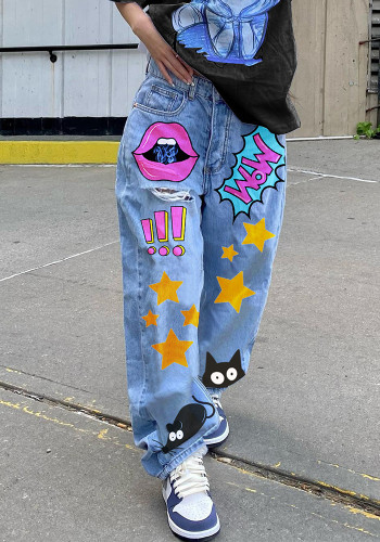 Women autumn retro printed Denim Pants