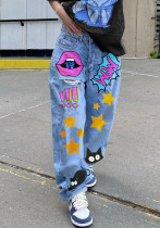 Women autumn retro printed Denim Pants Women autumn retro printed Denim Pants