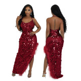 Women sexy suspender sequin irregular dress