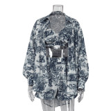 Women retro shirt suspender shorts Paint Print Three-Piece