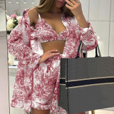 Women retro shirt suspender shorts Paint Print Three-Piece