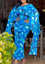 Women printed round neck split bodycon dress