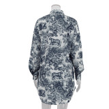 Women retro shirt suspender shorts Paint Print Three-Piece