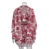 Women retro shirt suspender shorts Paint Print Three-Piece