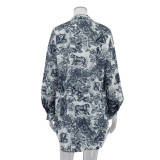 Women retro shirt suspender shorts Paint Print Three-Piece