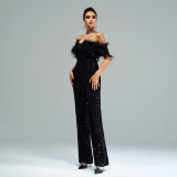 Women's Sexy Long Off Shoulder Sequins Formal Party Jumpsuit