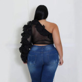 Plus Size Women's Slash Shoulder Long-Sleeved Sexy Solid Color See-Through Mesh Top