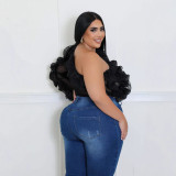 Plus Size Women's Slash Shoulder Long-Sleeved Sexy Solid Color See-Through Mesh Top