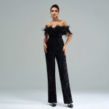 Women's Sexy Long Off Shoulder Sequins Formal Party Jumpsuit