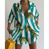 Women's Summer Printing Casual Shirt Shorts 2-Piece Set