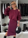 Autumn Loose Off Shoulder Bat Sleeves Top Long Skirt Two Piece Set For Women
