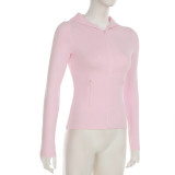 Solid Color Sports Fitness Running Tops Yoga Slim Autumn Winter Outdoor Wear Hooded Zipper T-Shirt For Women