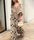 Women's Casual Slash Shoulder Top Printing Loose Pants Fashion 2-Piece Set