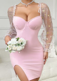 Fashion Chic Sexy Mesh See-Through Puff Sleeve Women's Bodycon Dress