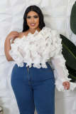 Plus Size Women's Slash Shoulder Long-Sleeved Sexy Solid Color See-Through Mesh Top