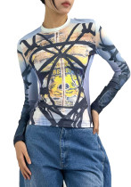 Printed Long-Sleeved T-Shirt Female Spring And Autumn Slim Casual Tops Outdoor Wear Printed Long-Sleeved T-Shirt Female Spring And Autumn Slim Casual Tops Outdoor Wear