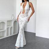 Hollow Halter Neck Sexy See-Through Lace Solid Color Chic Slim Long Dress