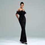Women's Sexy Long Off Shoulder Sequins Formal Party Jumpsuit