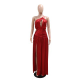 Women's Slash Shoulder Hollow High Slit Sexy Sleeveless Long Party Evening Dress