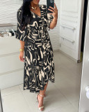 Summer Printed V-Neck High Waist Lace Bell Bottom Half-Sleeve Casual Dress