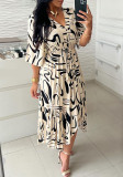 Summer Printed V-Neck High Waist Lace Bell Bottom Half-Sleeve Casual Dress