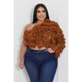 Plus Size Women's Slash Shoulder Long-Sleeved Sexy Solid Color See-Through Mesh Top