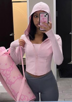 Solid Color Sports Fitness Running Tops Yoga Slim Autumn Winter Outdoor Wear Hooded Zipper T-Shirt For Women