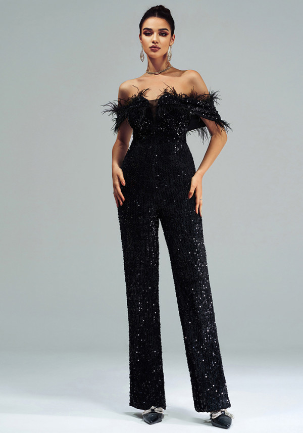 Women's Sexy Long Off Shoulder Sequins Formal Party Jumpsuit