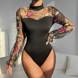 Embroidered Mesh Puff Sleeve See-Through Hollow Fashion Long Sleeve Women's Sexy Slim Bodysuit