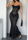 Street See-Through Flocking Solid Color Strap Long Dress