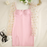 Fashion Chic Sexy Mesh See-Through Puff Sleeve Women's Bodycon Dress