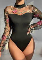 Embroidered Mesh Puff Sleeve See-Through Hollow Fashion Long Sleeve Women's Sexy Slim Bodysuit