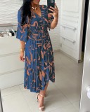 Summer Printed V-Neck High Waist Lace Bell Bottom Half-Sleeve Casual Dress