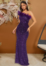 Women Solid Color Sequin Feather Patchwork Long Sexy Dress Women Solid Color Sequin Feather Patchwork Long Sexy Dress