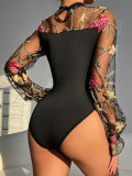 Embroidered Mesh Puff Sleeve See-Through Hollow Fashion Long Sleeve Women's Sexy Slim Bodysuit