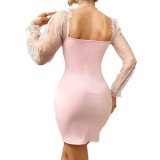 Fashion Chic Sexy Mesh See-Through Puff Sleeve Women's Bodycon Dress