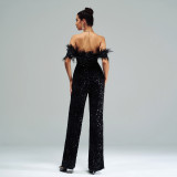 Women's Sexy Long Off Shoulder Sequins Formal Party Jumpsuit
