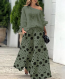 Women's Casual Slash Shoulder Top Printing Loose Pants Fashion 2-Piece Set