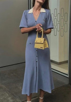 Fashion V-Neck Puff Sleeve Slit Long Sweater Dress Single-Breasted Chic Slim Waist Knitting Dress