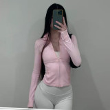 Solid Color Sports Fitness Running Tops Yoga Slim Autumn Winter Outdoor Wear Hooded Zipper T-Shirt For Women