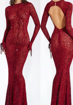 Sexy Low Back Bell Bottom Sleeve Fishtail Red Leopard Print Mesh Long Dress