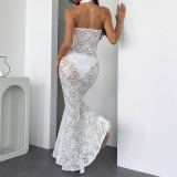 Hollow Halter Neck Sexy See-Through Lace Solid Color Chic Slim Long Dress