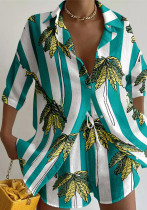 Women's Summer Printing Casual Shirt Shorts 2-Piece Set Women's Summer Printing Casual Shirt Shorts 2-Piece Set