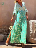 Print V-Neck Low Back Slim Waist Wide-Leg Jumpsuit